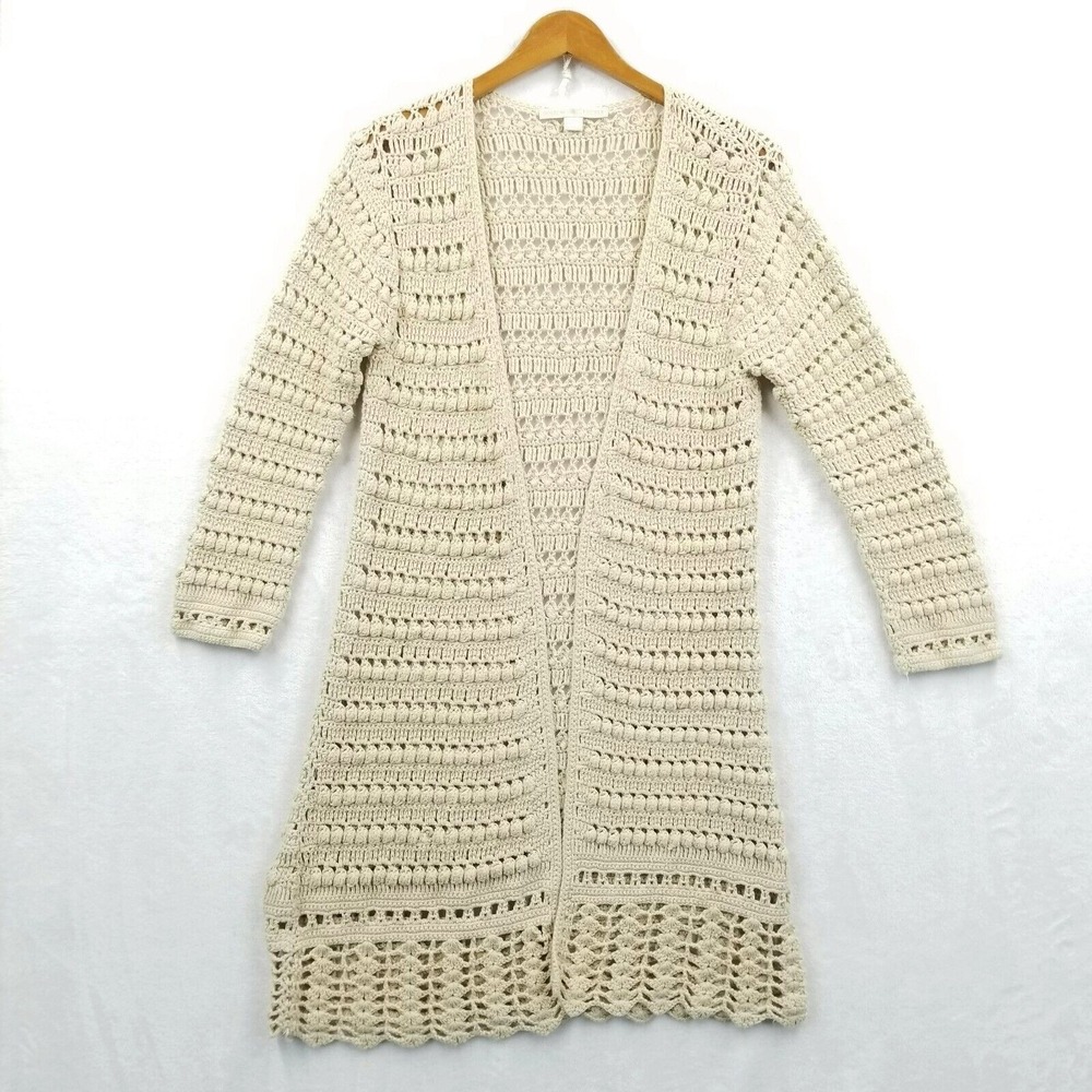 Boston Proper Duster‎ Women L Beige Crochet Boho Gypsy Open Knit Long Sweater